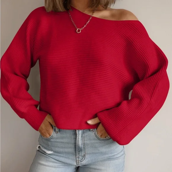 NWOT Magnolia Vibrant Red Off-Shoulder Sweater - Picture 3 of 8